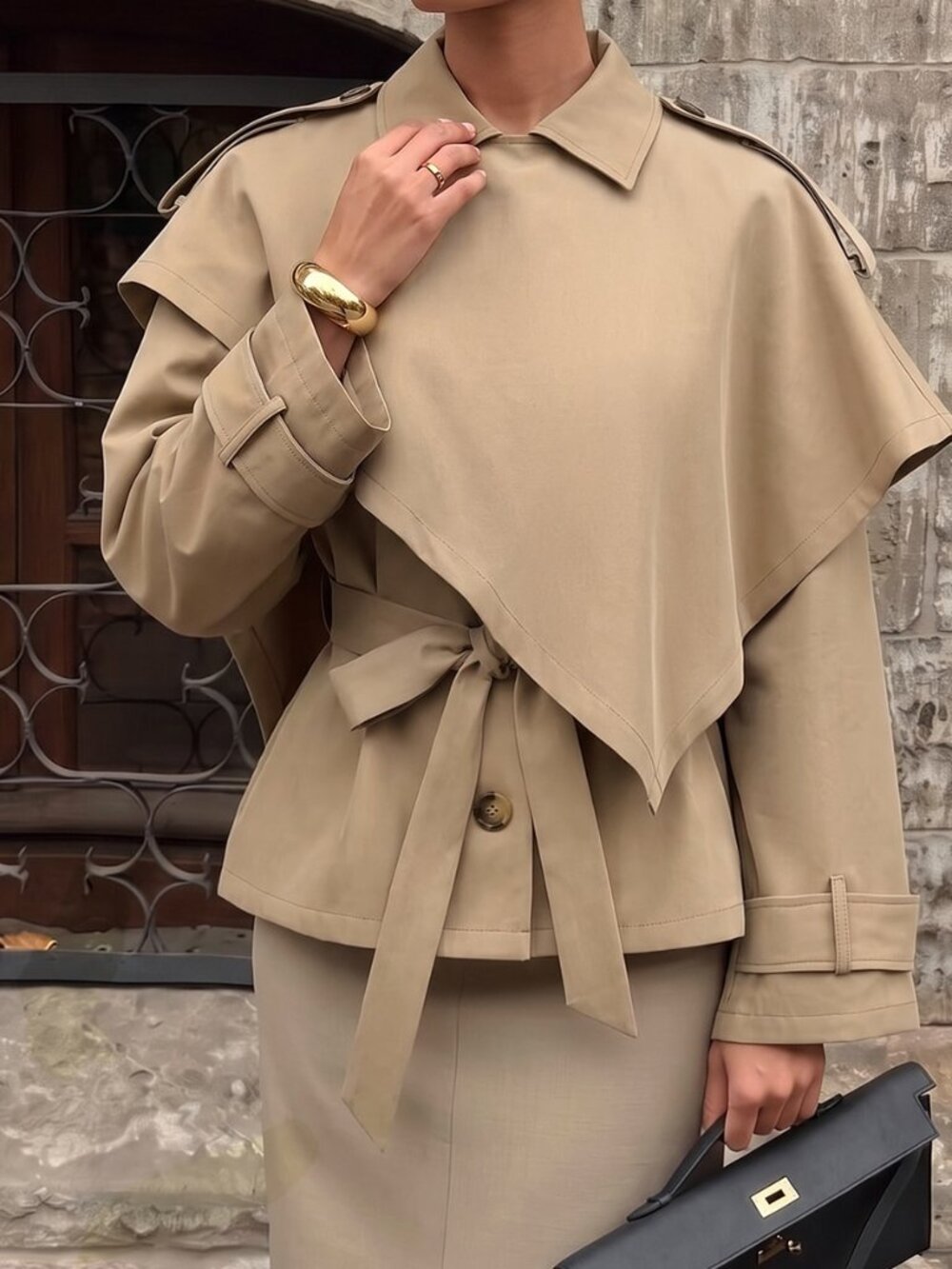 Khaki Elegant Women's Asymmetrical Batwing Long Trench Coat - Picture 5 of 6
